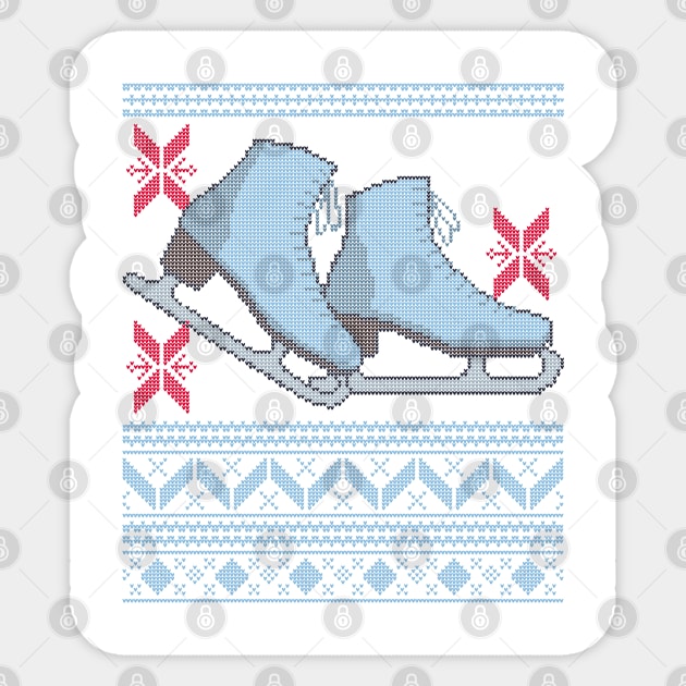 Ugly Christmas Sweater design with Ice Skates and Snowflakes Sticker by YourGoods